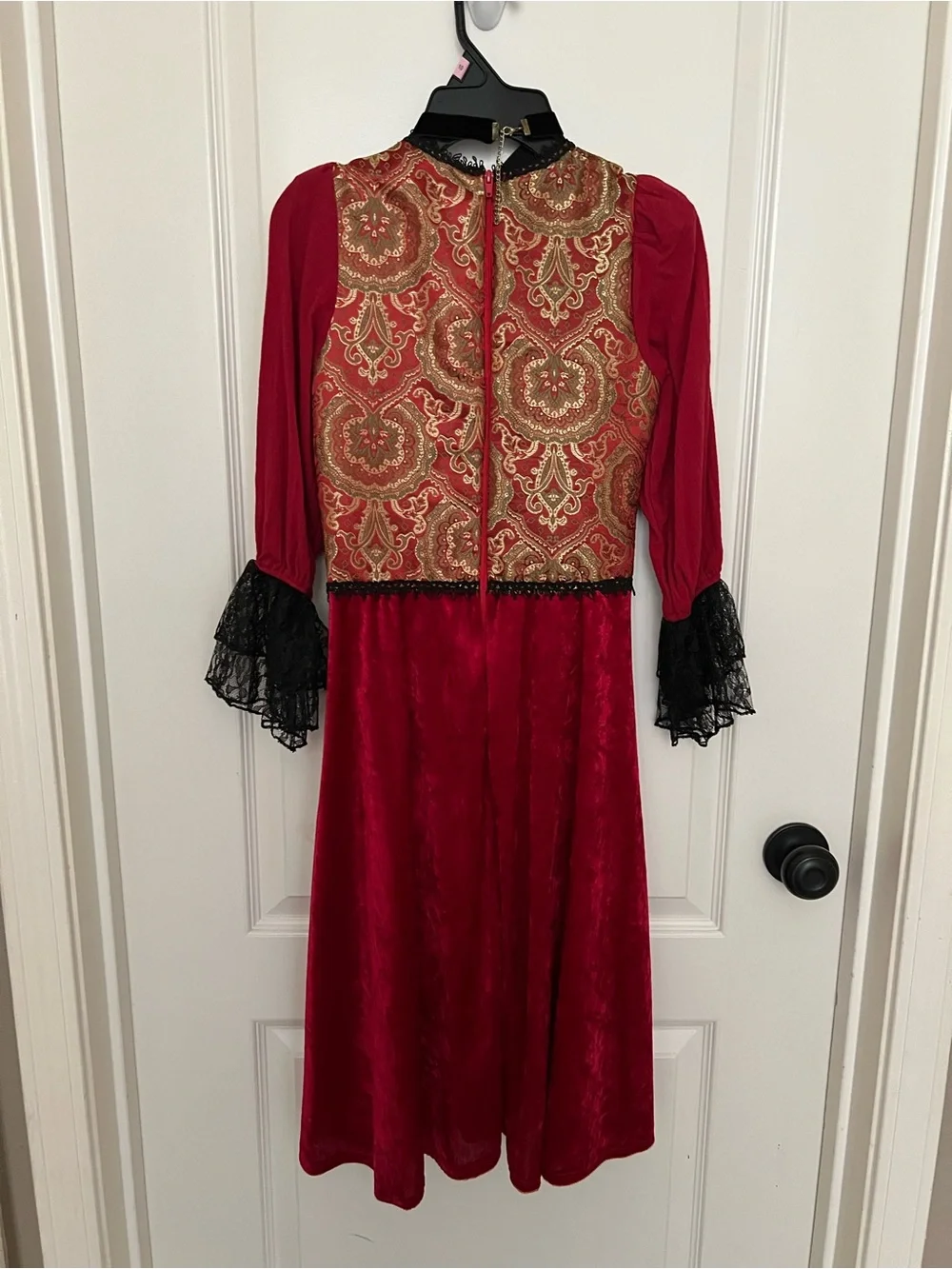 Red Girls' Pirate Victorian Costume with Brocade Vest and Lace Cuffs